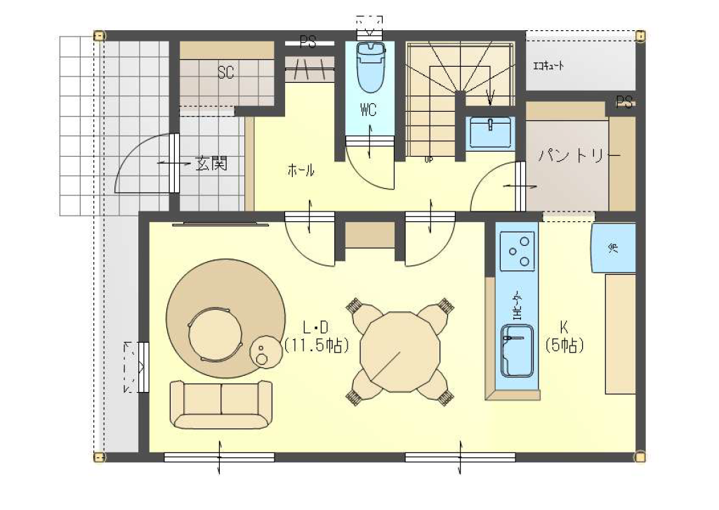 LD11.5帖とキッチン5帖、パントリーを備えた1階平面図