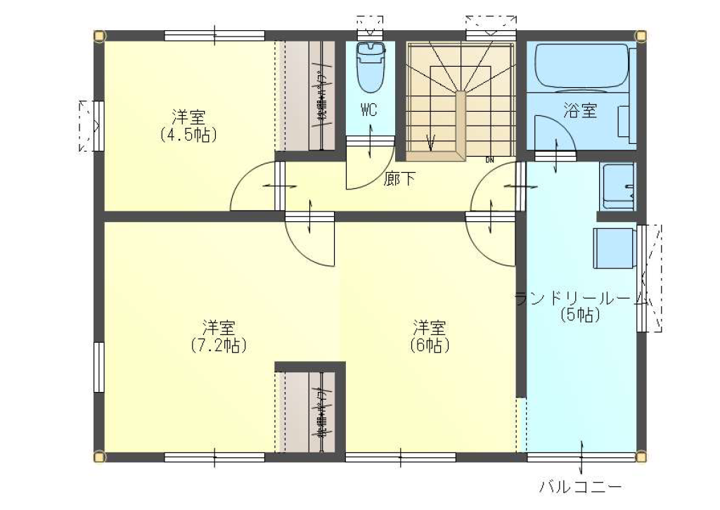 3つの洋室と5帖のランドリールームを備えた2階平面図